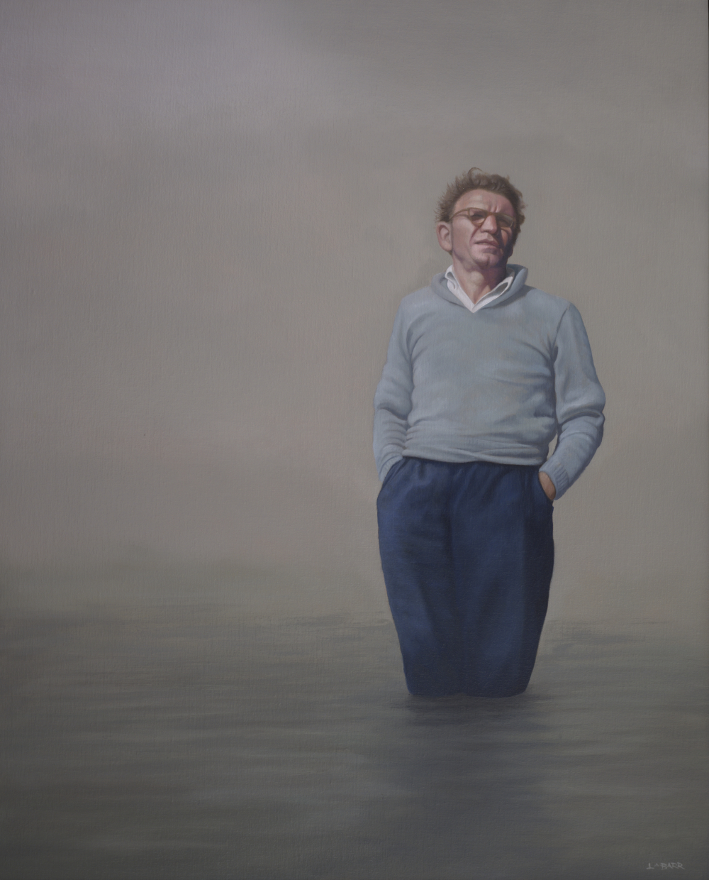 Painting of a man standing in water.