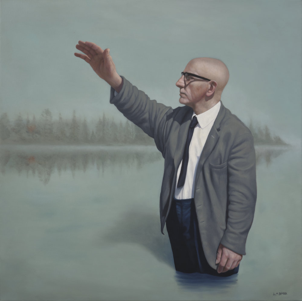 Painting of a man standing in water waving