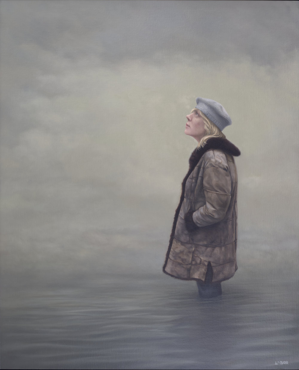 Painting of a woman standing in the water staring into space.
