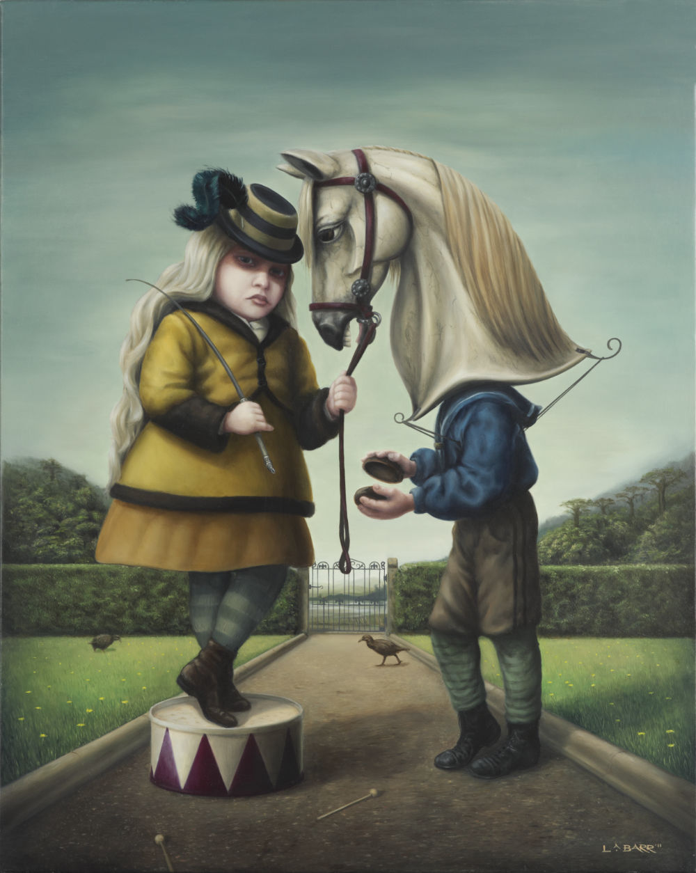 Painting of Girl and boy horsing around with a theme of control by Liam Barr