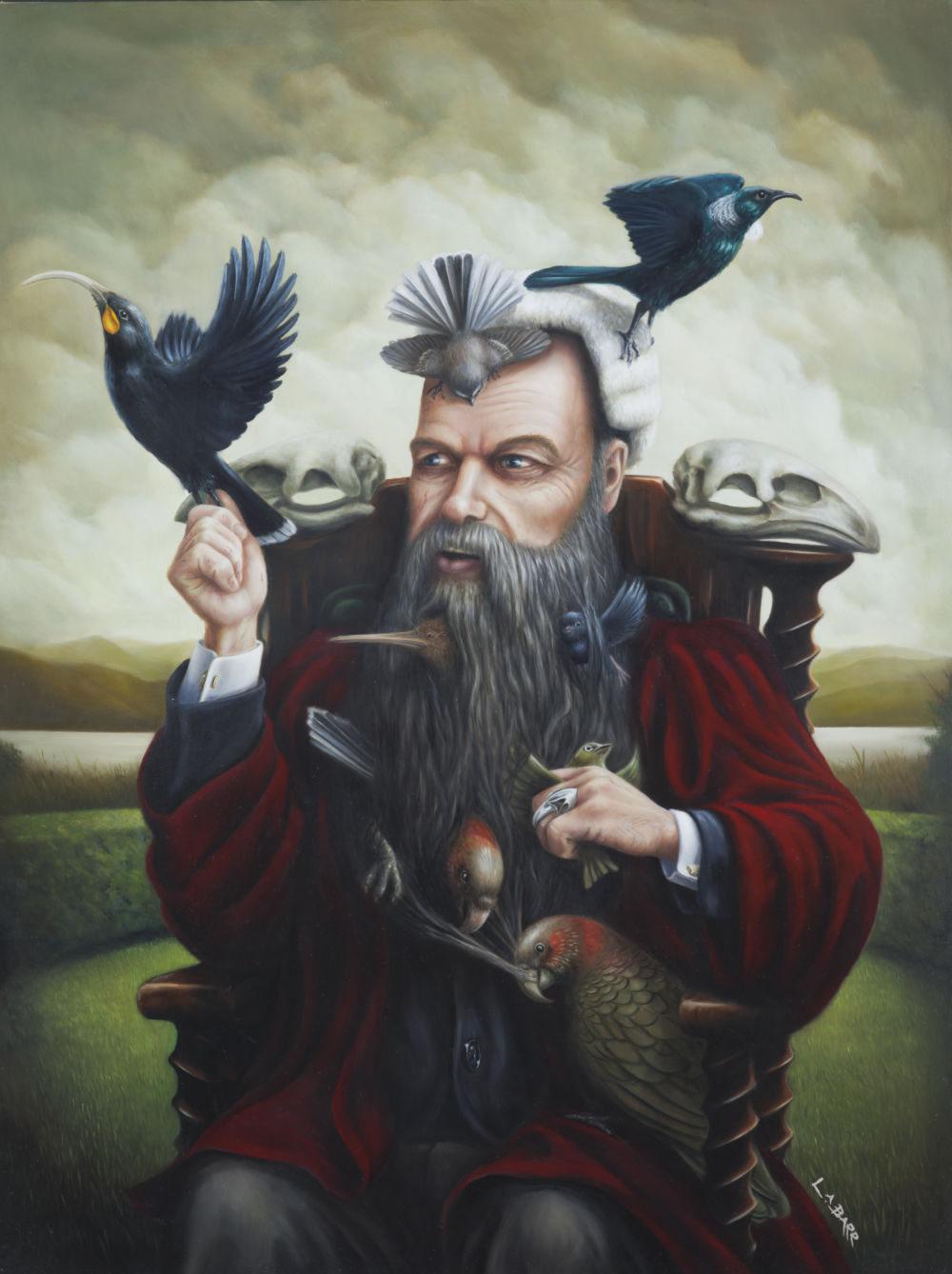 Walter Buller struggles with attacking birds, painting by Liam Barr