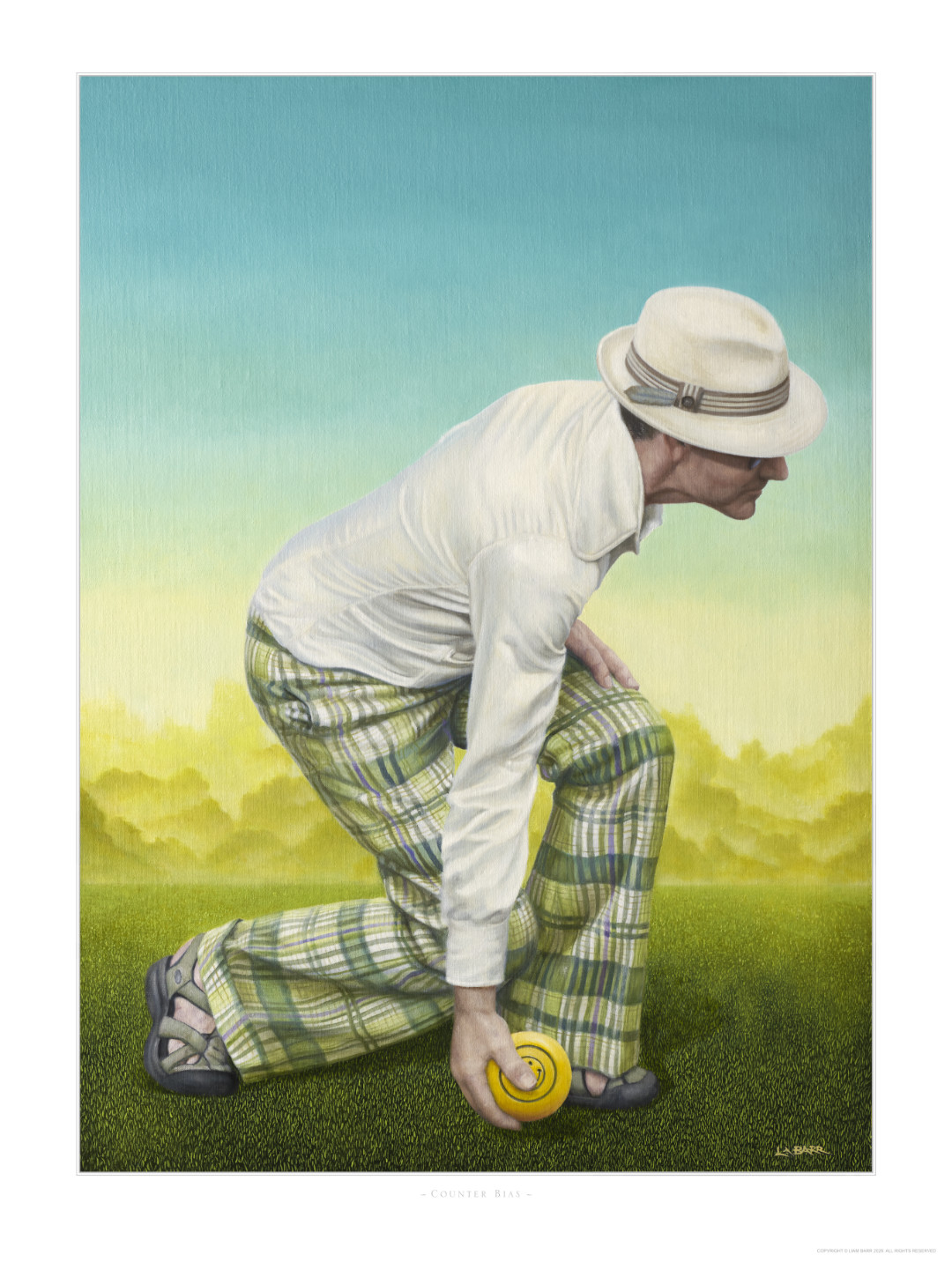 Limited edition print of a man playing lawn bowls.