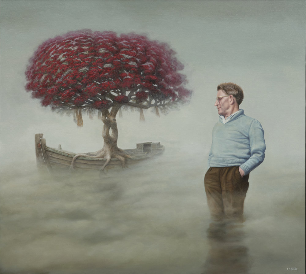 Painting of a man standing in water with drifting boat.