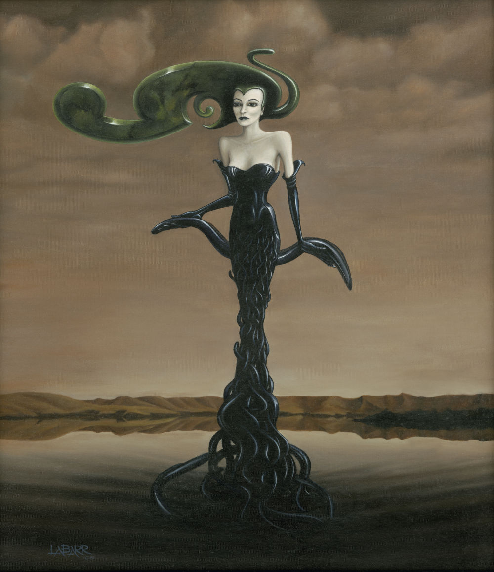 Contemporary oil painting woman emerging from the lake with eels