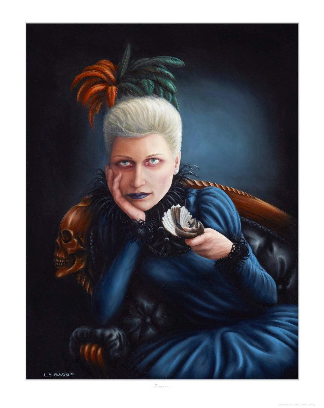 Portrait of a woman on skull chair with Piwakawaka