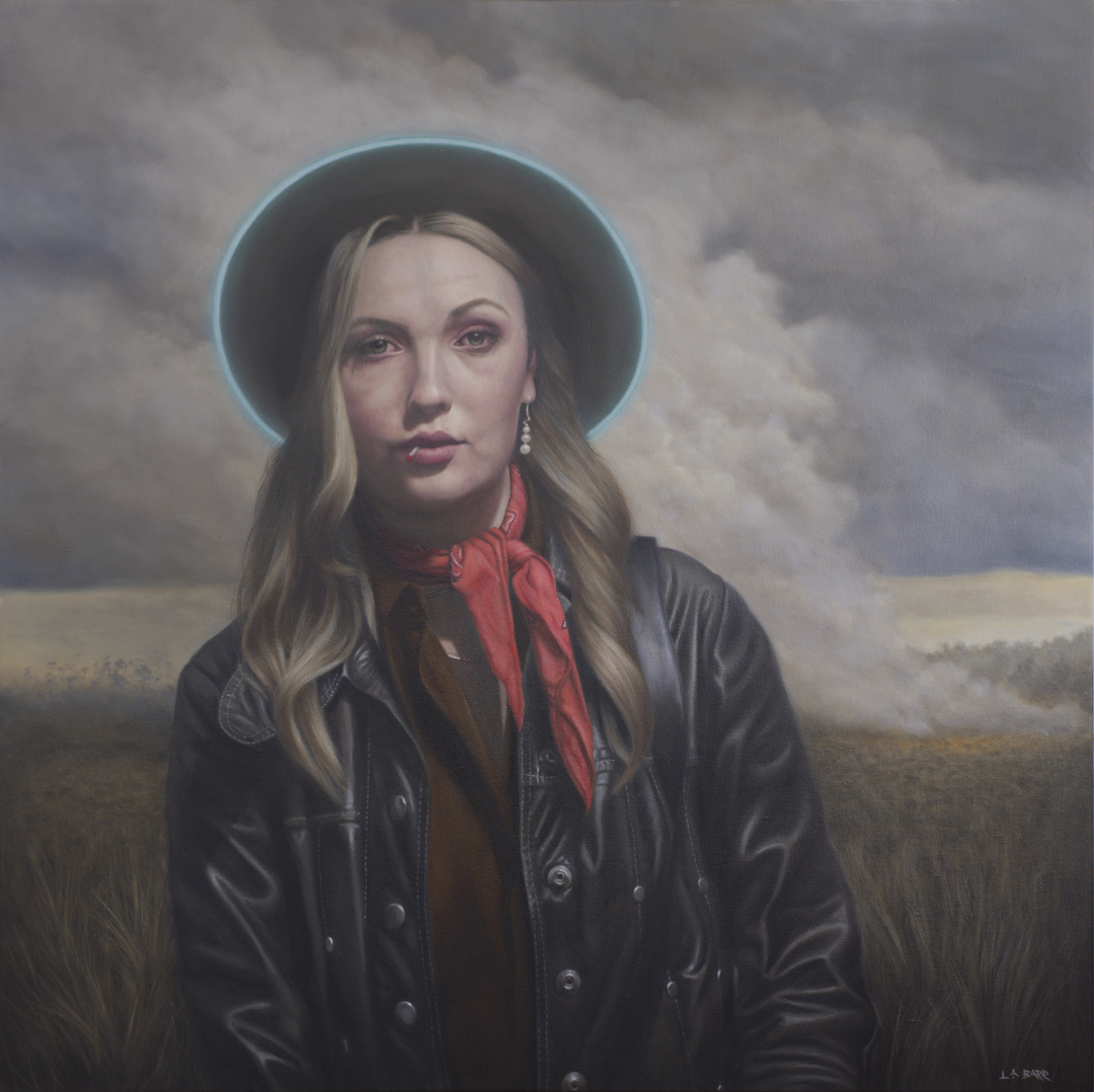 Painting of a woman making haste from grassfire.