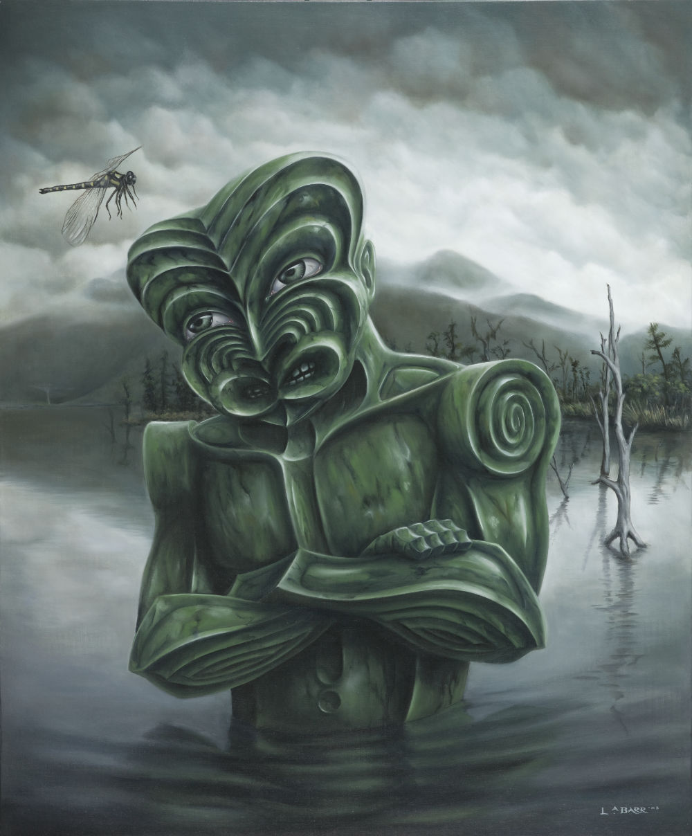 Tiki figure standing in Lake Brunner looking at dragonfly by Liam Barr