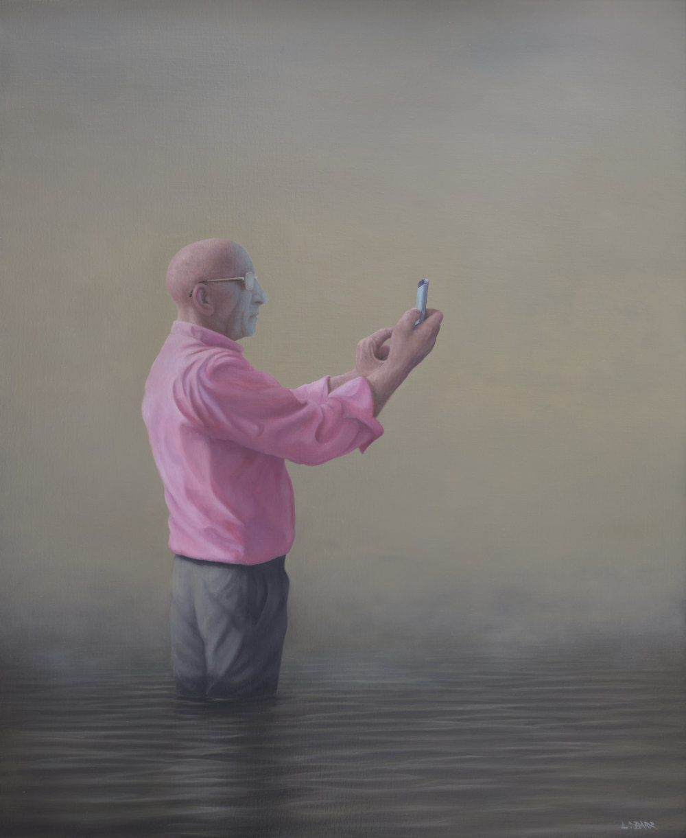 Painting of a man standing in water trying to get a signal.