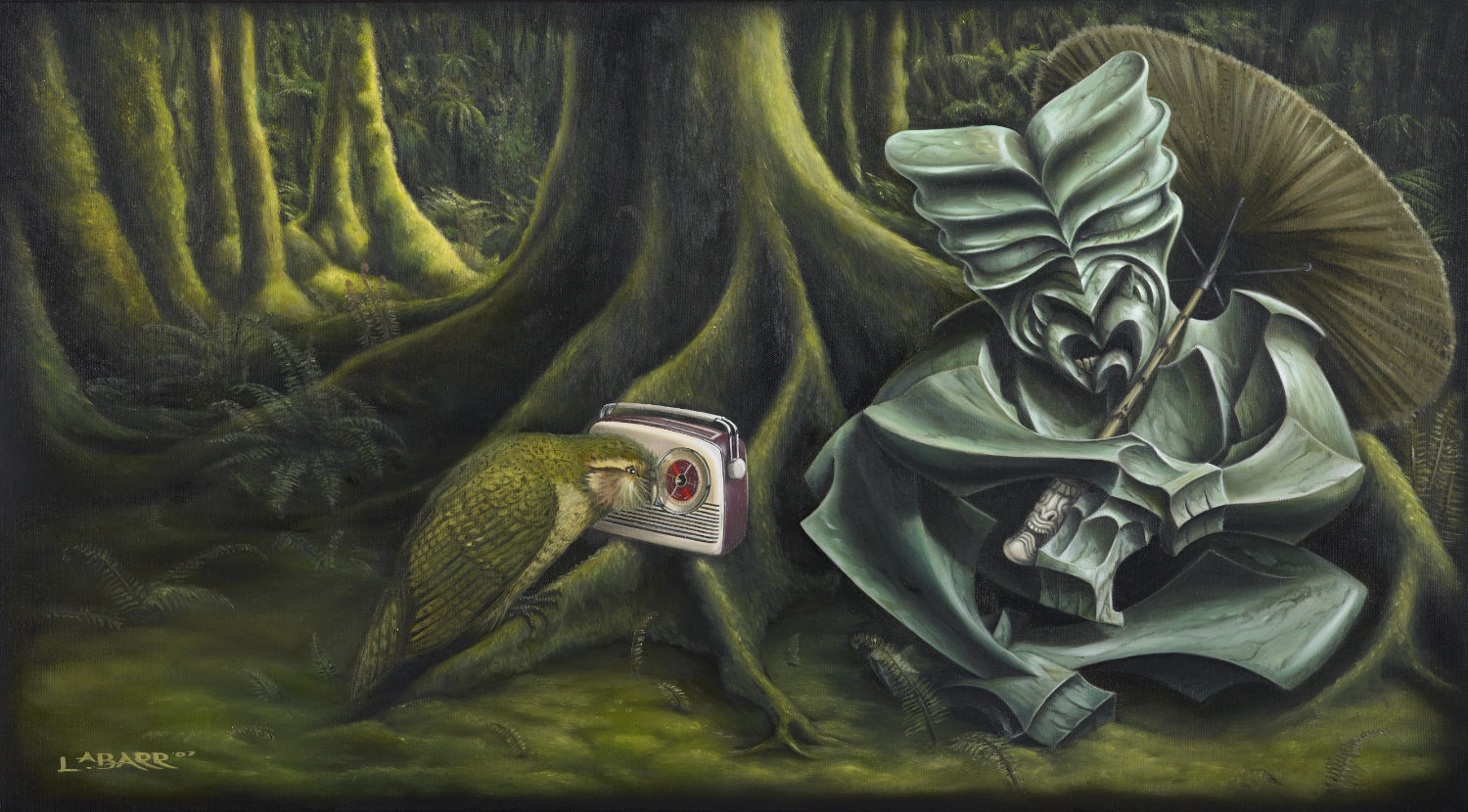 Tiki figure listens to radio with kākāpō as he sits in the forest, painting from Liam Barr
