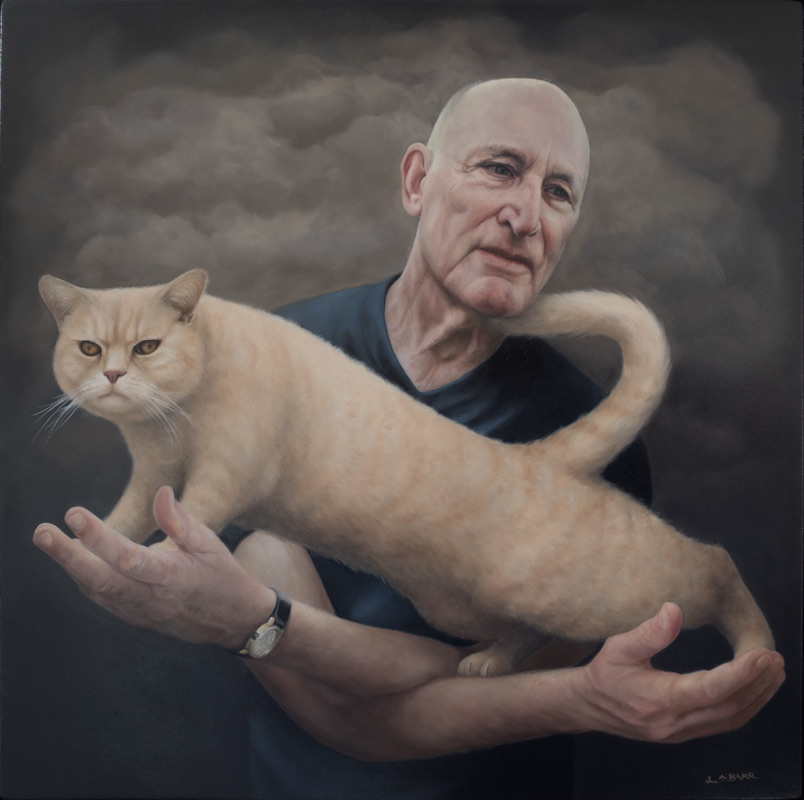 Contemporary oil painting of a man holing a cat