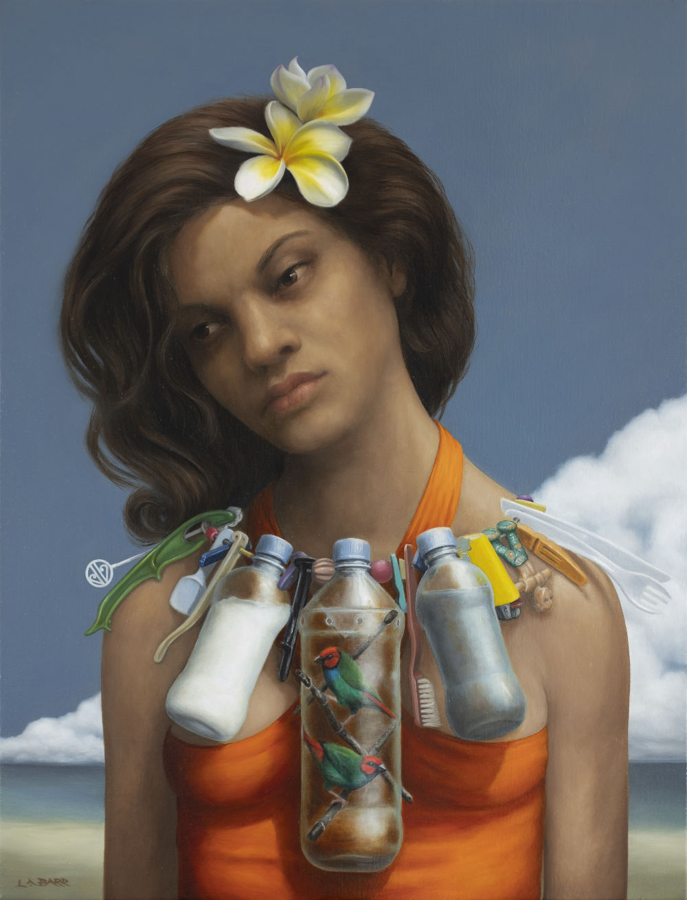 Contemporary oil painting of a woman with refuse garland