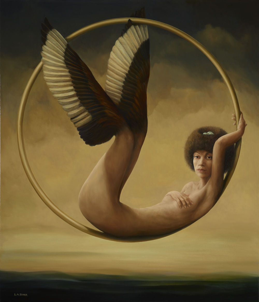 Contemporary painting of a woman suspended in the air wirh eggs on hair