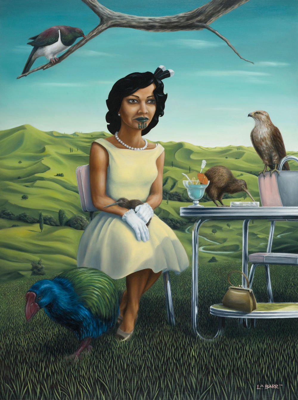 Maori woman share cocktail with native birds by Liam Barr