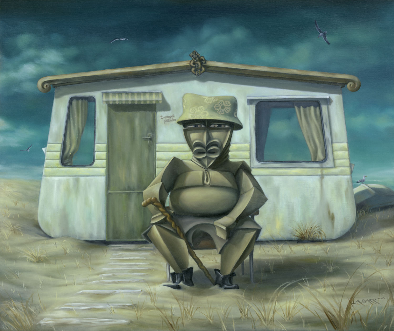 Tiki figure sits in front of beach caravan contemplating, painting from Liam Barr