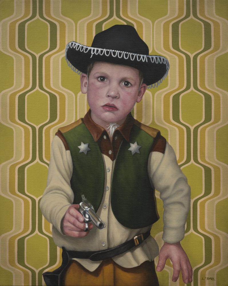Painting of boy playing a cowboys in the 60's