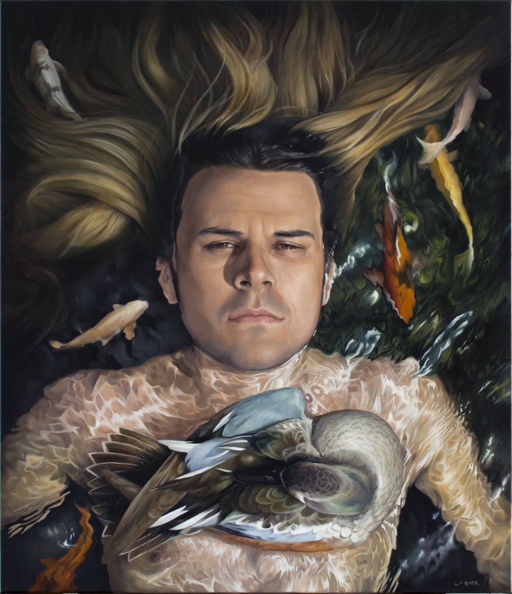 Contemporary oil painting of a young man floating with duck