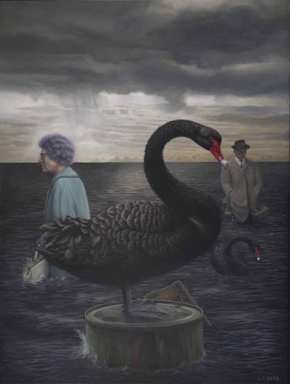 Painting of a black swan standing on an oil drum with people in the background.