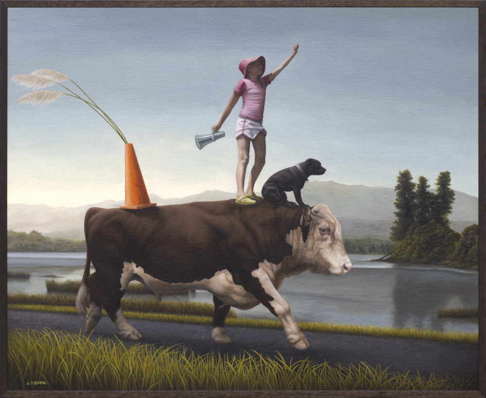 Painting of a girl standing upon a steer on her way to a protest.