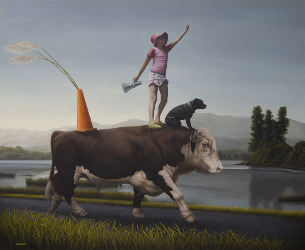 Painting of a girl and dog riding a steer