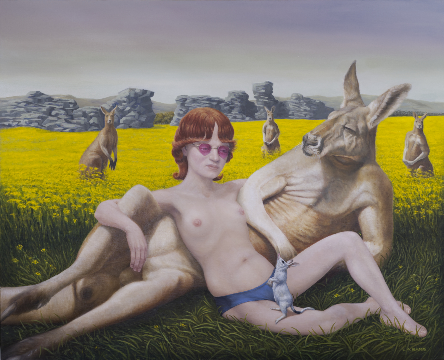 Painting of a girl laying in a canola field with Kangaroos.