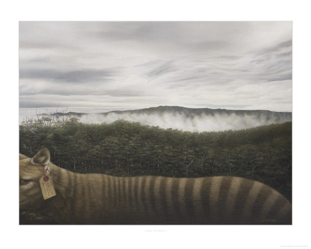 Limited edition print of Thylacine against Tasmanian landscape