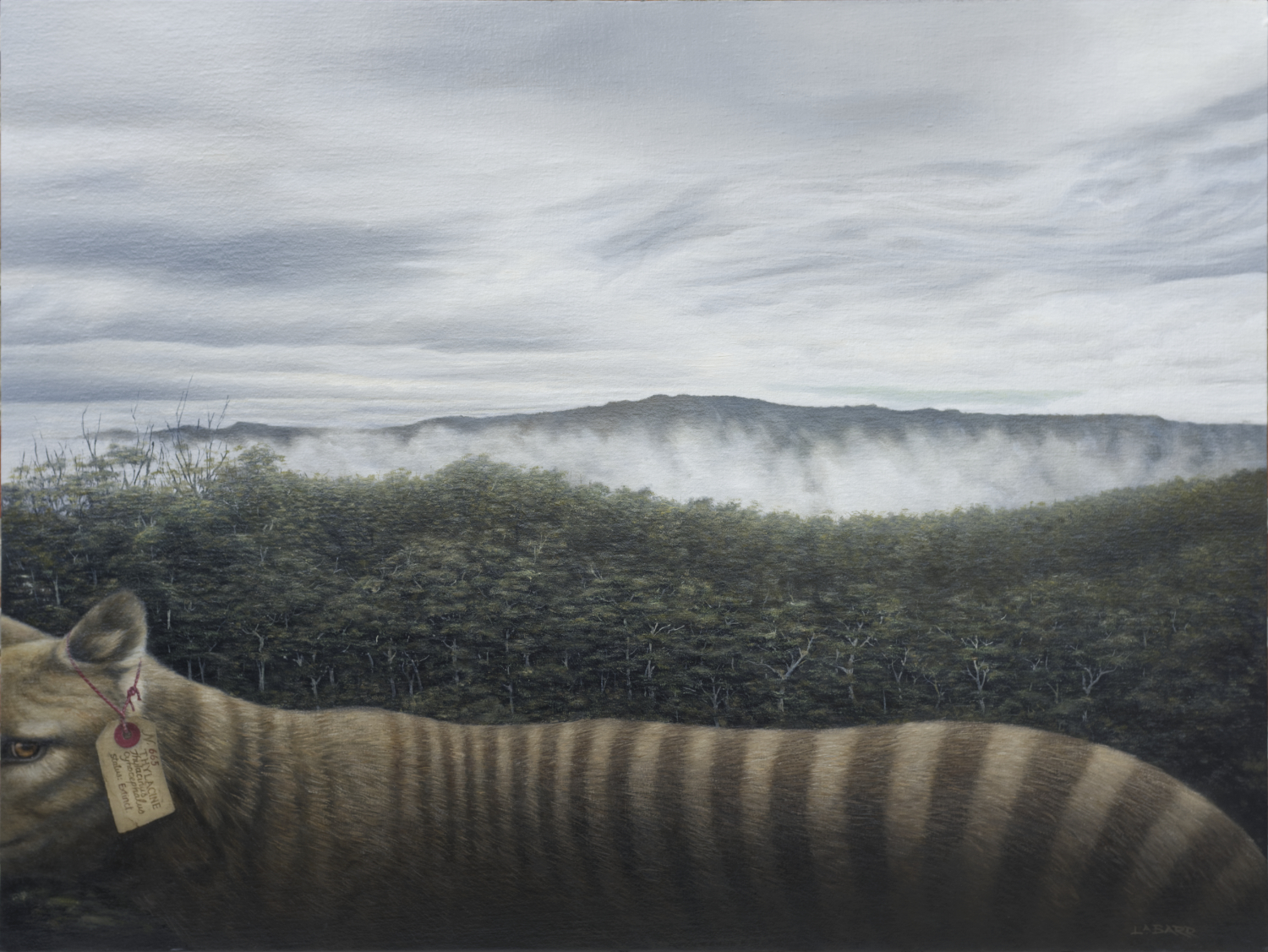 Painting of a Thylacine in moody lanscape.