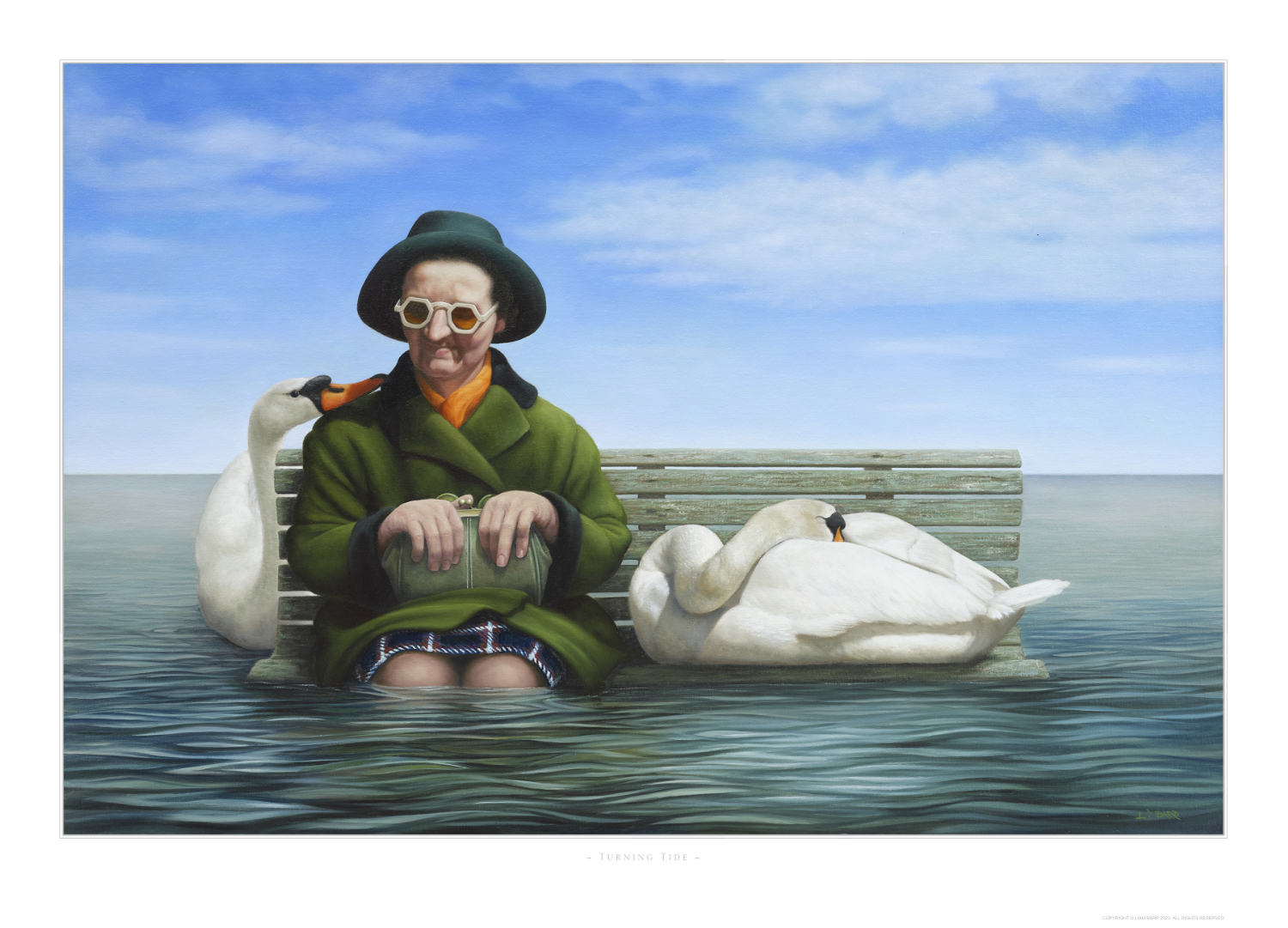 Woman sitting on flooded park bench with swans