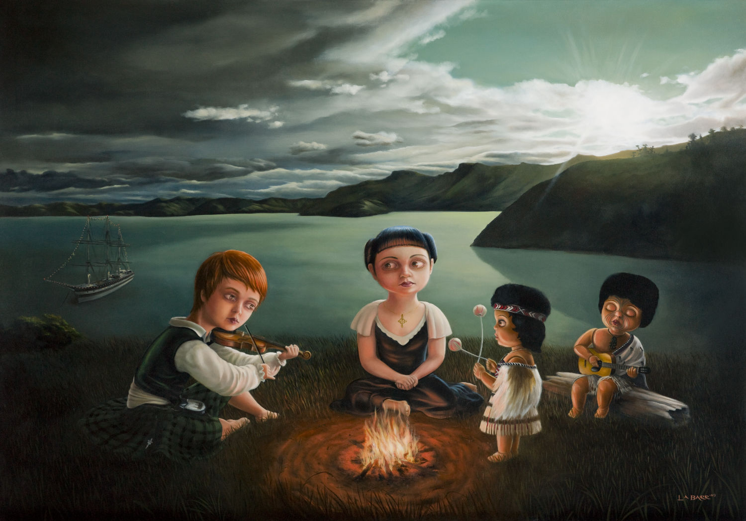 Contemporary oil painting of new immigrants sitting around a campfire with Maori tourist dolls.