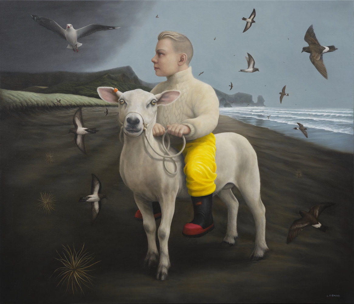 Painting of a boy riding a sheep on Bethells Beach